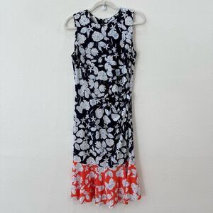 Eliza J Women 8 Jersey Two Toned Black Ruched Floral Sleeveless Knee Length Dres